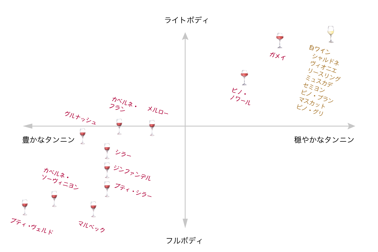 ぶどうの品種別のワインチャートです。 ステラ専任ソムリエが描くワインチャート